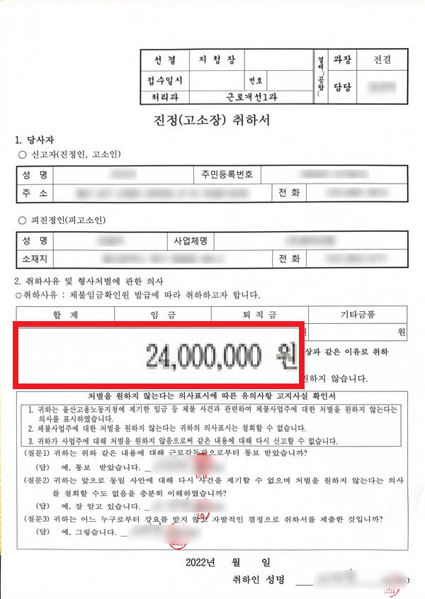  2400만 원 퇴직급여 미사용연차수당 임금체불 받은 사례