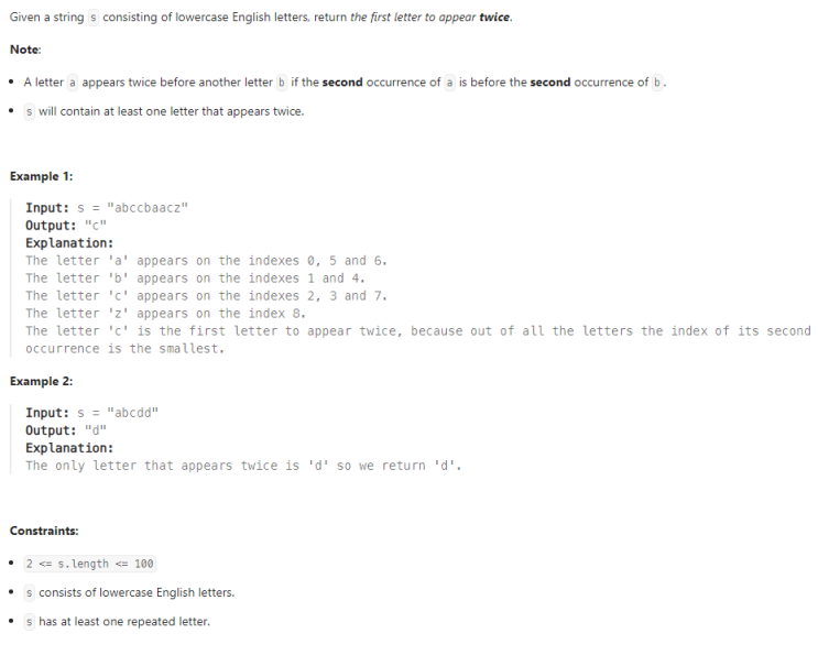  JAVA_LeetCode 2351_First Letter to Appear Twice