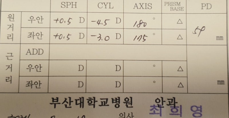 부산 간헐적 외사시 수술 후 안경/부산대 최희영 교수님 처방