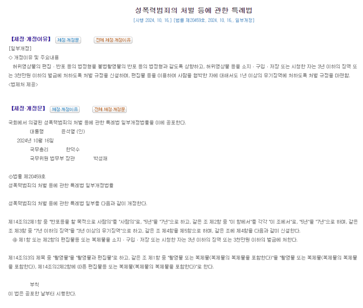  [개정법]24.10.16.시행 딥페이크 편집, 반포 형량 5년→ 7년 상향/ '소지,구입,저장, 시청' 처벌 신설(3년이하, 3천만원 이하), 딥페이크 '협박'범 1년 이상