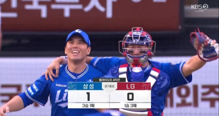 플레이오프 4차전 강민호의 결승홈런과 <b>레예스</b>의 <b>호투</b>로 승리!!!
