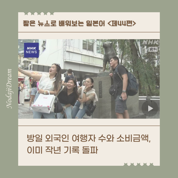  일본어 뉴스: 2024년 일본 방문 외국인 여행자 수와  소비금액, 이미 작년 기록 돌파