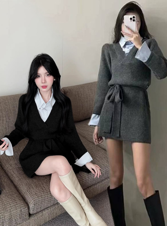  가을 원피스 레이어드 배색 카라 벨트 3color