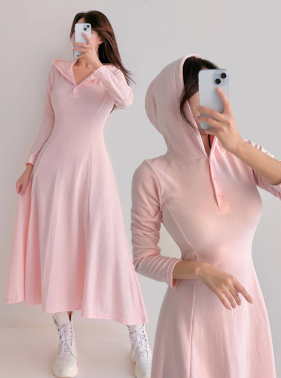  공항패션 데일리 긴팔 후드 롱 플레어 원피스 3color