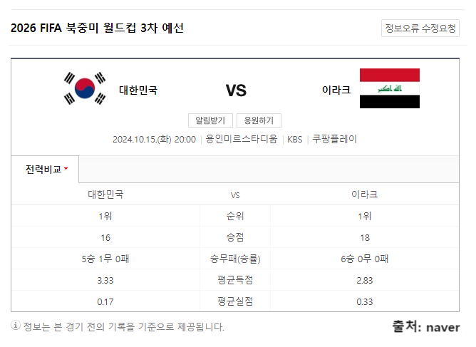 한국 이라크전 중계 일정 2026 북중미 FIFA 월드컵 예선전