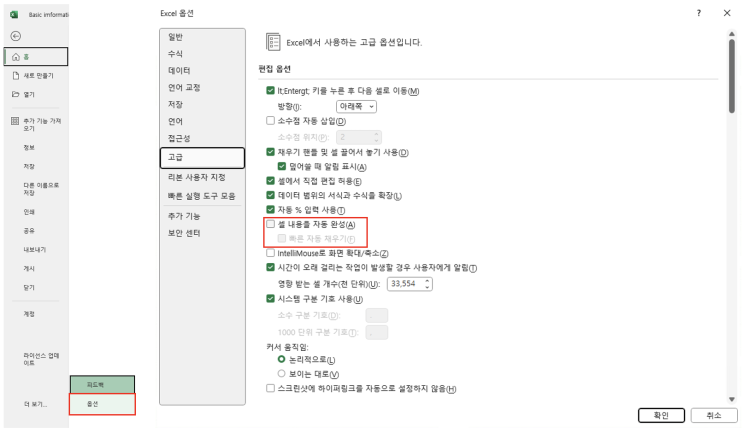  엑셀, 자동완성기능 설정
