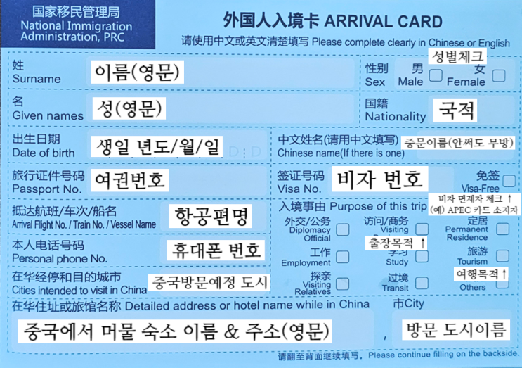  중국 입국신고서 작성법:  상하이 여행 중국 입국 카드 쓰는 법과 주의사항