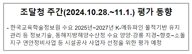 조달청 주간(2024.10.28.~11.1.) 평가 동향 조달청 주간(2024.10.28.~11.1.) 평가 동향