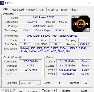  AMD 라이젠5-4세대 세잔 5500GT cpuz 벤치