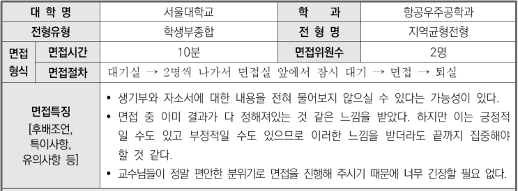  2023학년도 서울대학교 항공우주공학과 학생부종합 지역균형전형 면접 기출 문제