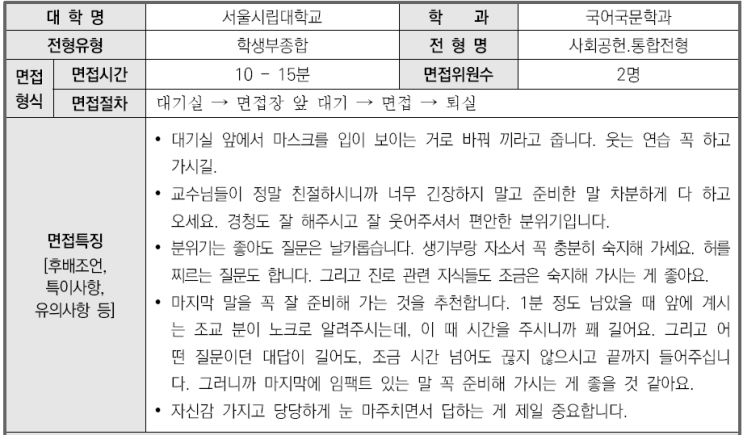  2023학년도 서울시립대학교 국어국문학과 학생부종합 사회공헌전형 면접 기출 문제