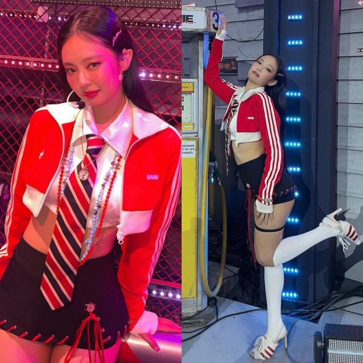  엠카 1위 제니 패션 만트라 옷 의상 아디다스 져지 정보