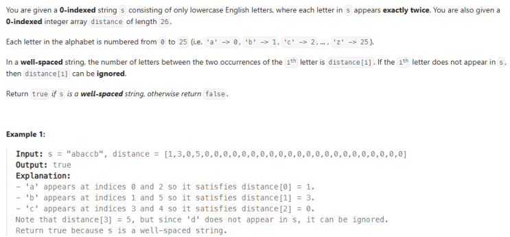  JAVA_LeetCode 2399_Check Distances Between Same Letters