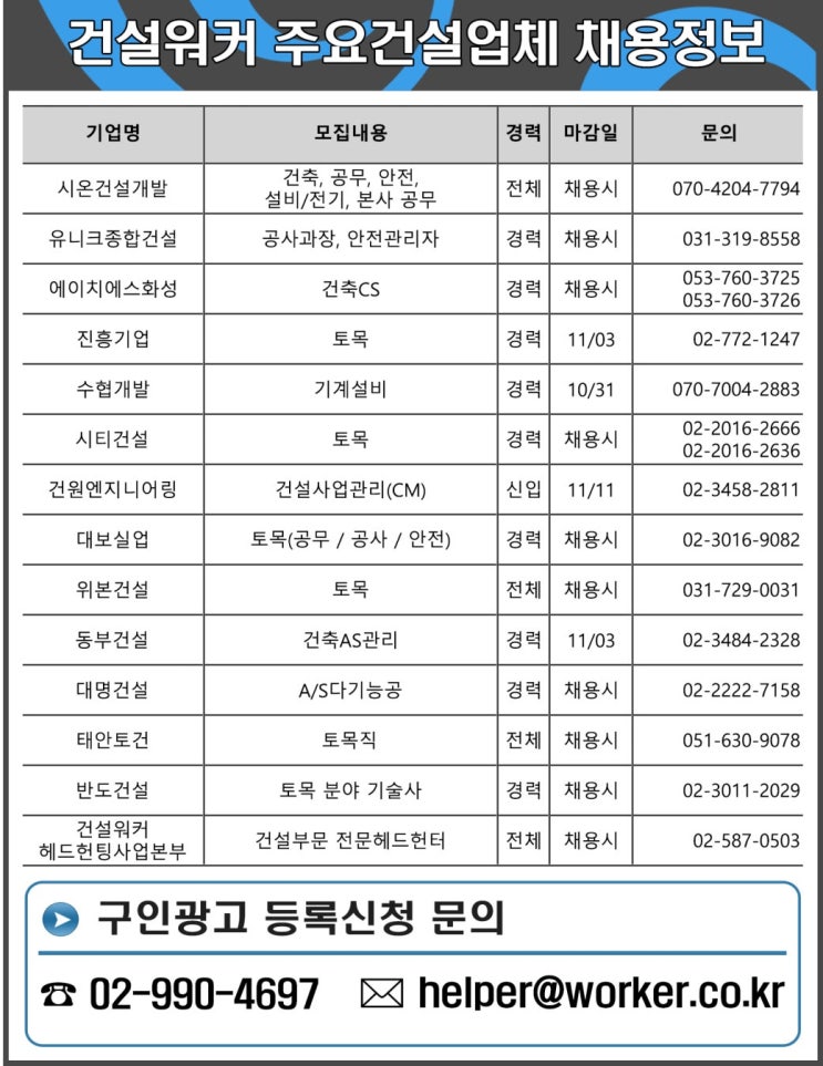  건설워커 채용(10/29) 시온건설개발, 유니크종합건설, HS화성, 진흥기업 외