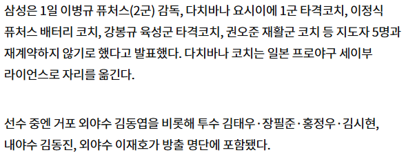 리뷰] 2024년 <b>삼성</b>라이온즈 코치 재계약 불가 및 <b>선수</b> <b>방출</b>
