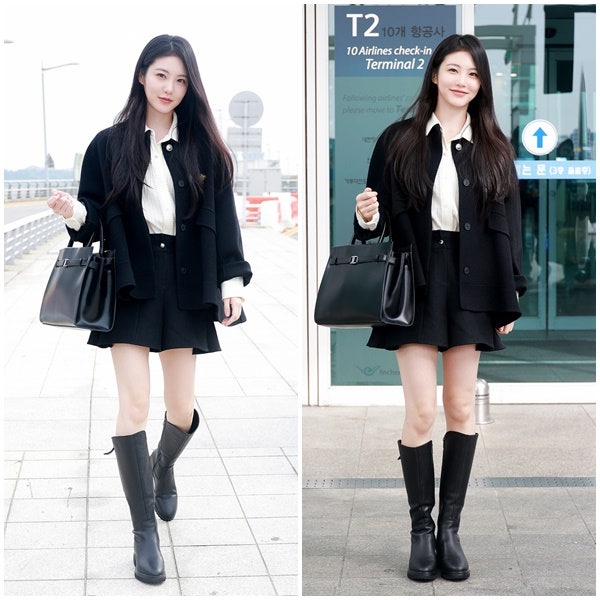 신예은 공항패션 속 오즈세컨(O’2nd) 여자 캐시미어 코트, 플레어 쇼츠, 겨울 데일리룩 추천....