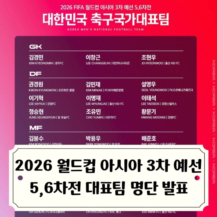 5,6차전 11월 A매치 명단 발표 / <b>이을용 아들</b> 이태석 첫 발탁