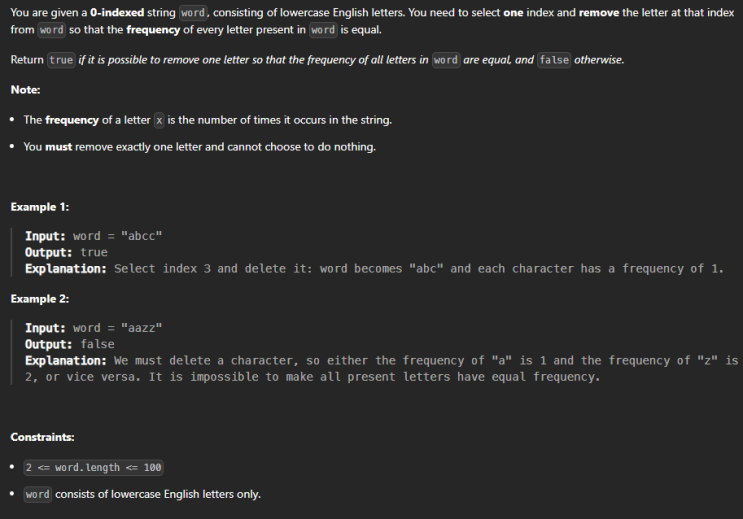  JAVA_LeetCode 2423_Remove Letter To Equalize Frequency