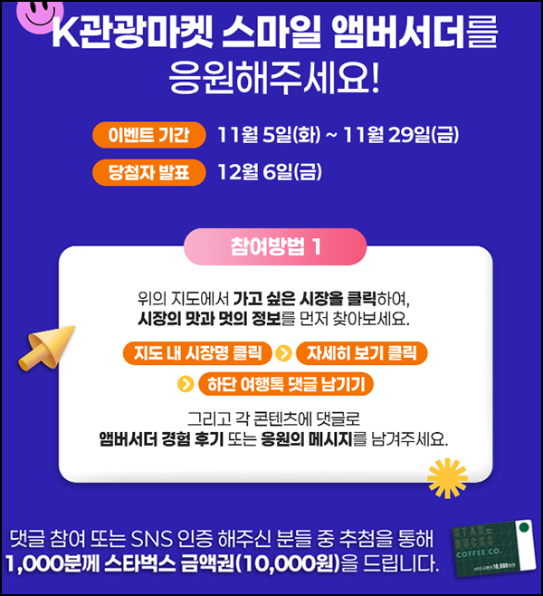 K관광마켓 댓글 이벤트(스벅 1만원 1,000명)추첨~11.29 K관광마켓 댓글 이벤트(스벅 1만원 1,000명)추첨~11.29