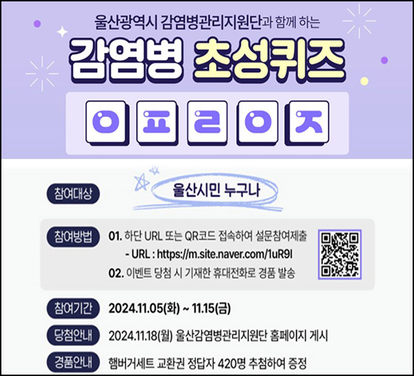 울산감염병관리지원단 퀴즈 이벤트(햄버거세트 420명)추첨~11.15 울산감염병관리지원단 퀴즈 이벤트(햄버거세트 420명)추첨~11.15