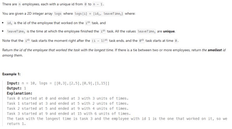  JAVA_LeetCode 2432_The Employee That Worked on the Longest Task