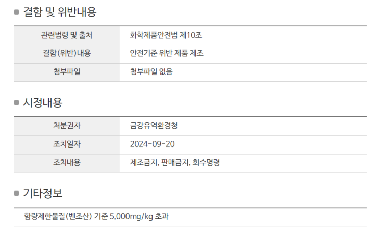  건조기시트 회수 명령 벤조산 회사리스트 출처 부작용 팩트체크