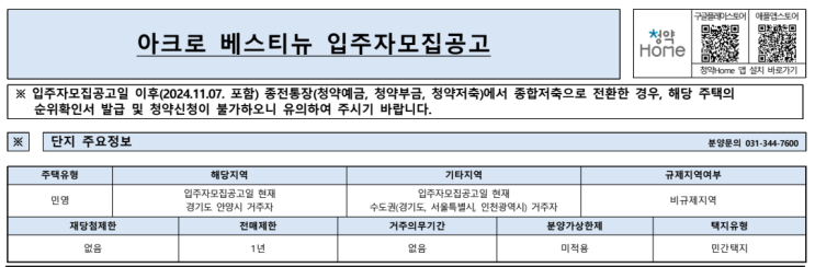  안양아파트 아크로 베스티뉴 청약 정보