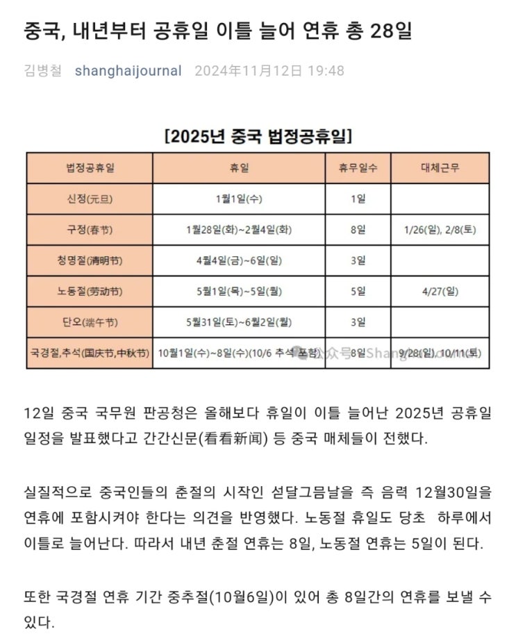  2025년 중국 공휴일