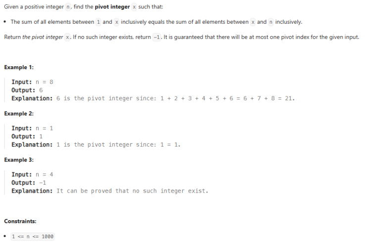  JAVA_LeetCode 2485_Find the Pivot Integer