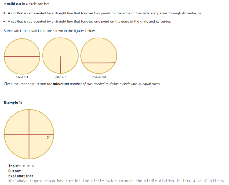  JAVA_LeetCode 2481_Minimum Cuts to Divide a Circle