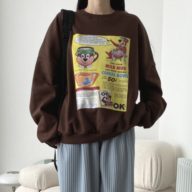  겨울 데일리 필수템! 루즈핏 기모 오버핏 빅사이즈 캐릭터 맨투맨으로 따뜻하고 스타일리시하게!