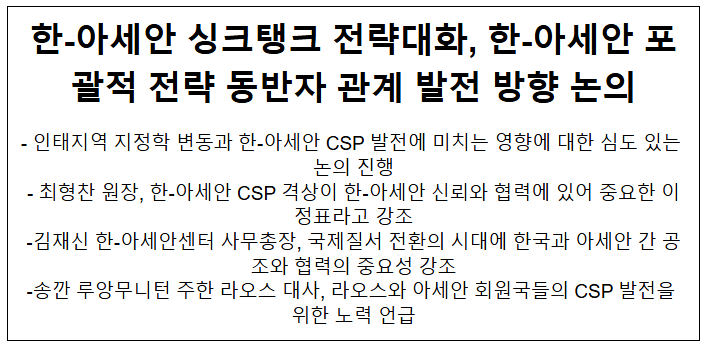 한-아세안 싱크탱크 전략대화, 한-아세안 포괄적 전략 동반자 관계 발전 방향 논의 한-아세안 싱크탱크 전략대화, 한-아세안 포괄적 전략 동반자 관계 발전 방향 논의