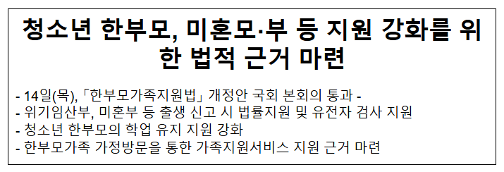 청소년 한부모, 미혼모·부 등 지원 강화를 위한 법적 근거 마련 청소년 한부모, 미혼모·부 등 지원 강화를 위한 법적 근거 마련