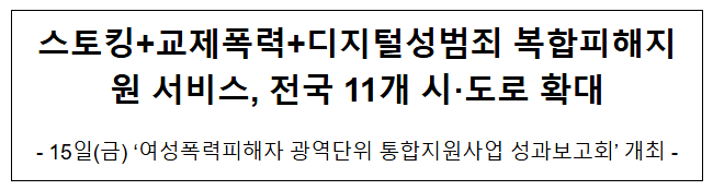 스토킹+교제폭력+디지털성범죄 복합피해지원 서비스, 전국 11개 시·도로 확대 스토킹+교제폭력+디지털성범죄 복합피해지원 서비스, 전국 11개 시·도로 확대