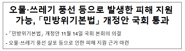 오물·쓰레기 풍선 등으로 발생한 피해 지원 가능, 「민방위기본법」 개정안 국회 통과 오물·쓰레기 풍선 등으로 발생한 피해 지원 가능, 「민방위기본법」 개정안 국회 통과