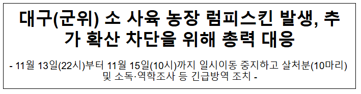 대구(군위) 소 사육 농장 럼피스킨 발생, 추가 확산 차단을 위해 총력 대응 대구(군위) 소 사육 농장 럼피스킨 발생, 추가 확산 차단을 위해 총력 대응