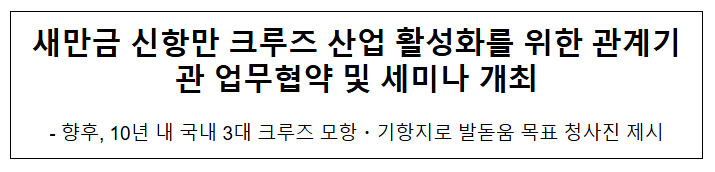 새만금 신항만 크루즈 산업 활성화를 위한 관계기관 업무협약 및 세미나 개최 새만금 신항만 크루즈 산업 활성화를 위한 관계기관 업무협약 및 세미나 개최