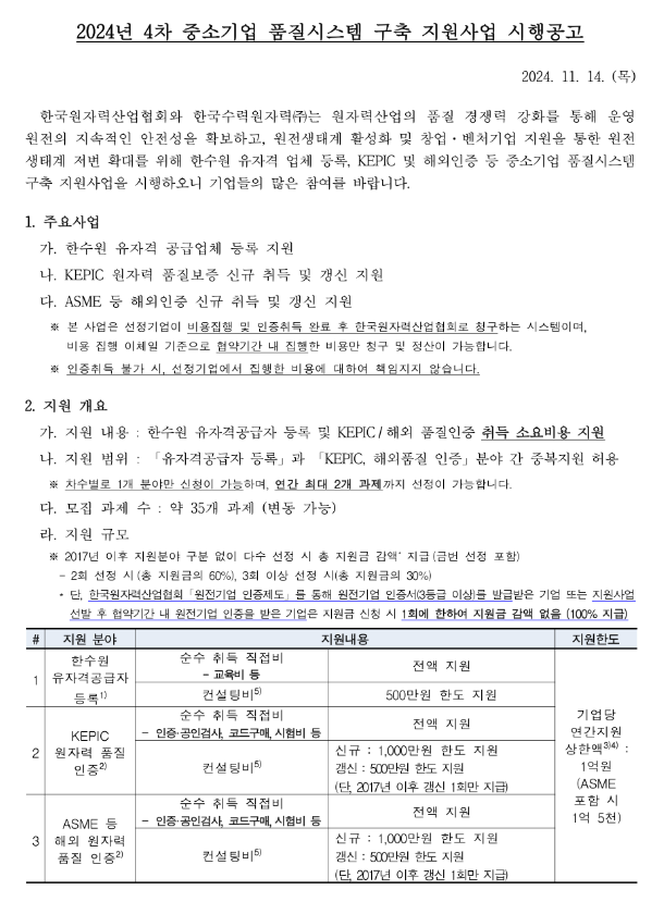 2024년 4차 중소기업 품질시스템 구축 지원사업 시행 공고 2024년 4차 중소기업 품질시스템 구축 지원사업 시행 공고