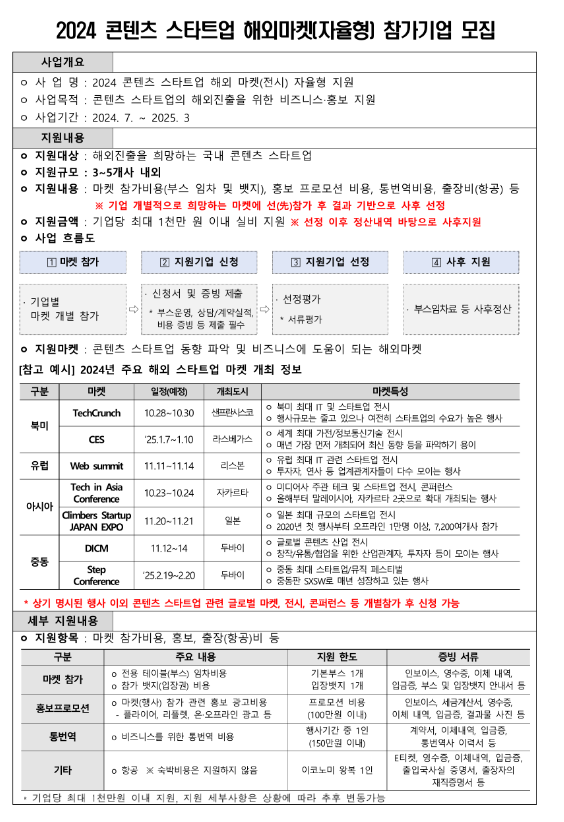 2024년 콘텐츠 스타트업 해외마켓(자율형) 참가기업 모집 공고 2024년 콘텐츠 스타트업 해외마켓(자율형) 참가기업 모집 공고