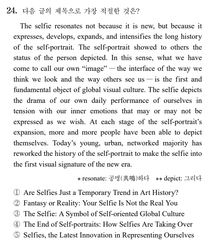  2025학년도 수능 영어 24번 / Selfies, the Latest Innovation in Representing Ourselves