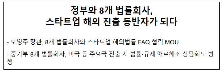 정부와 8개 법률회사, 스타트업 해외 진출 동반자가 되다 정부와 8개 법률회사, 스타트업 해외 진출 동반자가 되다
