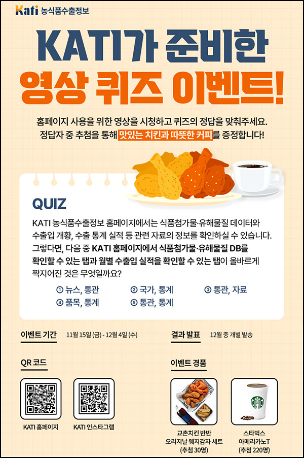 KATI 농식품수출정보 퀴즈이벤트(스벅등 250명)추첨~12.04 KATI 농식품수출정보 퀴즈이벤트(스벅등 250명)추첨~12.04