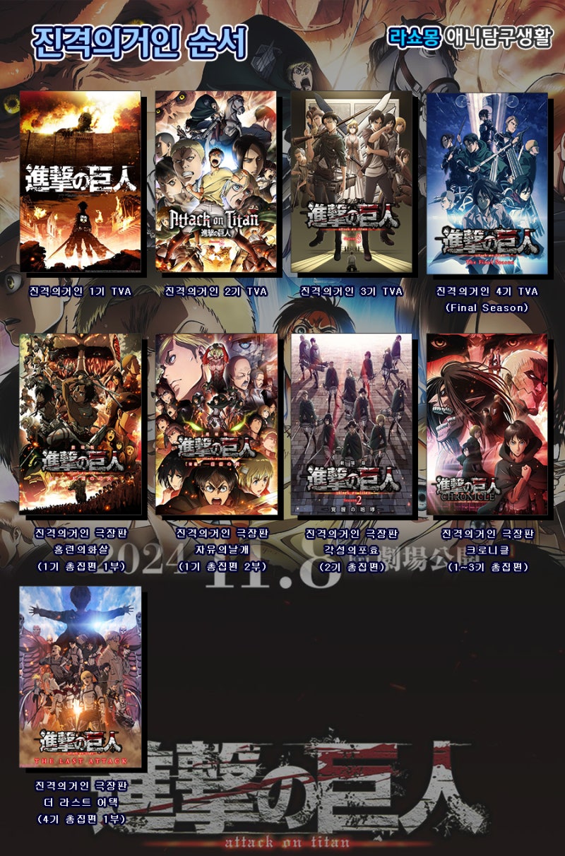 진격의 거인 순서 (進撃の巨人 신게키노교진) 시리즈 애니 (성우, 등장인물, 리바이, 시조의 거인, 에렌 예거, 턱의 거인, 전망의  거인, 기행종, 미카사) 진격거 극장판 완결편 : 네이버 블로그, image size:800x1211