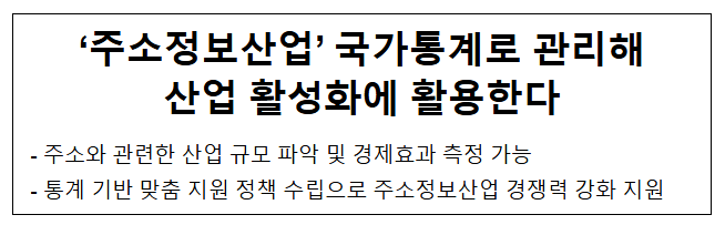 ‘주소정보산업’ 국가통계로 관리해 산업 활성화에 활용한다 ‘주소정보산업’ 국가통계로 관리해 산업 활성화에 활용한다