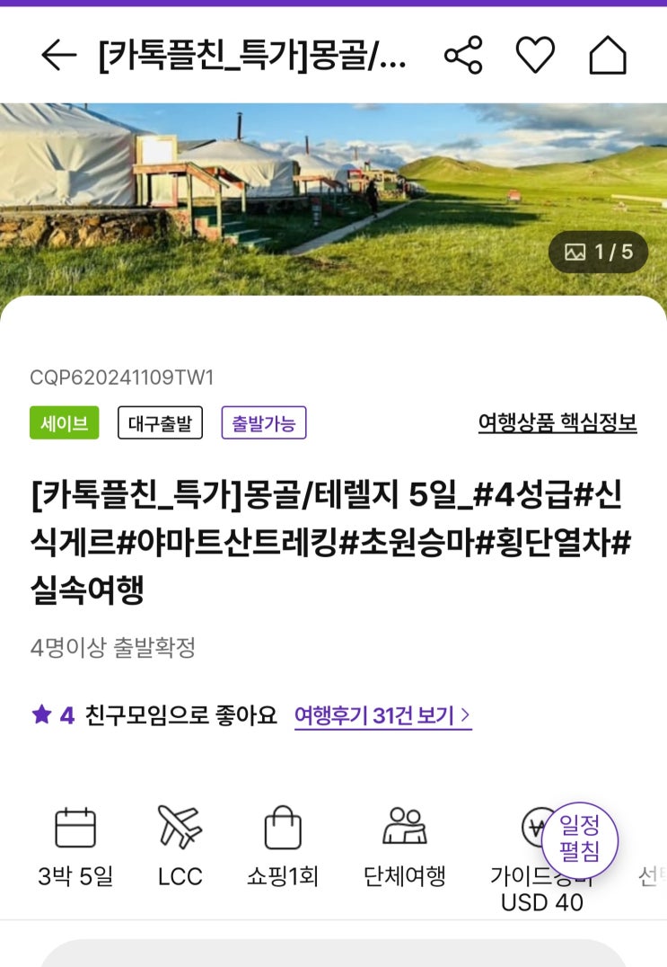  몽골 여행 준비중 002 - 패키지라는거 예약 쉽지 않더라