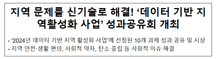 지역 문제를 신기술로 해결! ‘데이터 기반 지역활성화 사업’ 성과공유회 개최 지역 문제를 신기술로 해결! ‘데이터 기반 지역활성화 사업’ 성과공유회 개최
