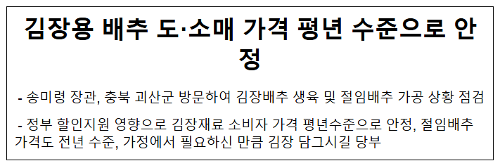 김장용 배추 도·소매 가격 평년 수준으로 안정 김장용 배추 도·소매 가격 평년 수준으로 안정