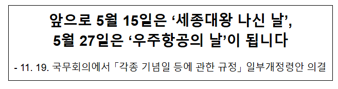 앞으로 5월 15일은 ‘세종대왕 나신 날’, 5월 27일은 ‘우주항공의 날’이 됩니다 앞으로 5월 15일은 ‘세종대왕 나신 날’, 5월 27일은 ‘우주항공의 날’이 됩니다