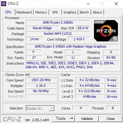  AMD 라이젠5-1세대 2400G 레이븐 릿지 cpu-z 벤치