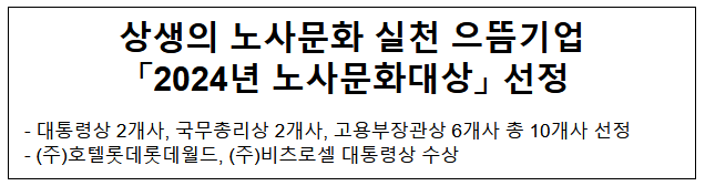 상생의 노사문화 실천 으뜸기업 「2024년 노사문화대상」 선정 상생의 노사문화 실천 으뜸기업 「2024년 노사문화대상」 선정